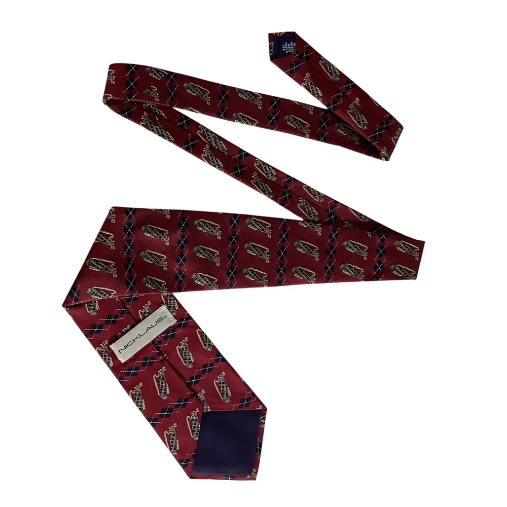 Nicklaus Mens Silk Tie Burgundy Argyle Golf Bag Pattern Made in USA Necktie